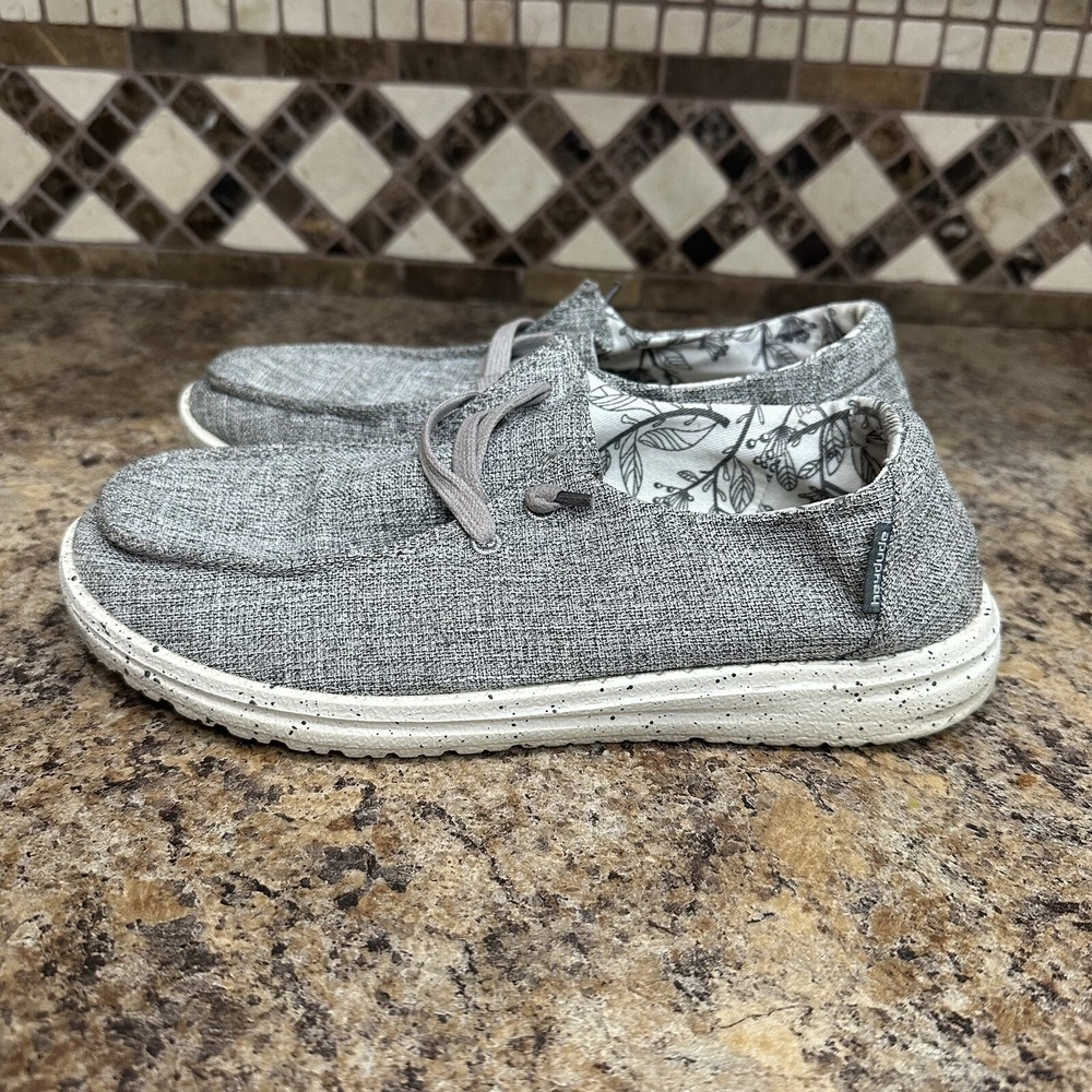 Hey Dude Women's Wendy L Linen Iron Shoes Size US 7 Gray Slip On Casual Loafer